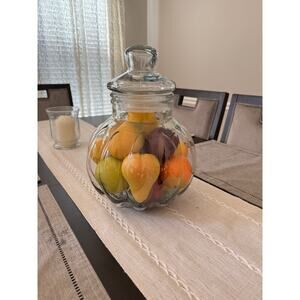 Large 14” Clear Green Glass APOTHECARY Pumpkin JAR With 17 Faux Fruits